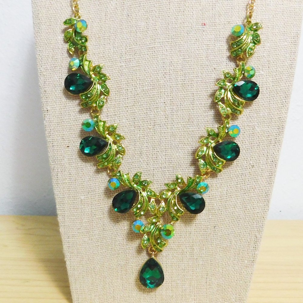 Gold Tone Green Rhinestone Ornate Necklace & Earring Set